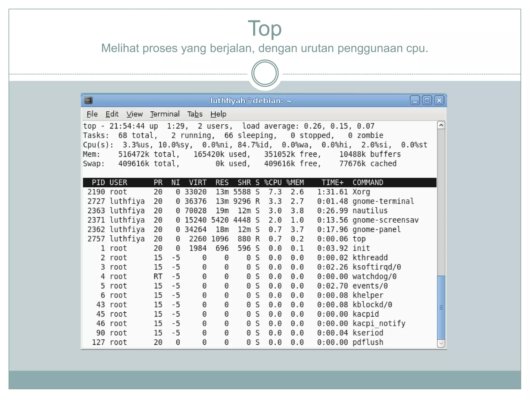 Top
Melihat proses yang berjalan, dengan urutan penggunaan cpu.
 