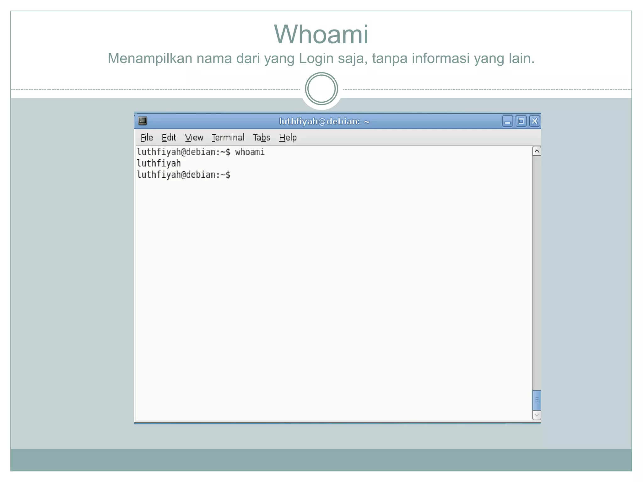 Whoami
Menampilkan nama dari yang Login saja, tanpa informasi yang lain.
 