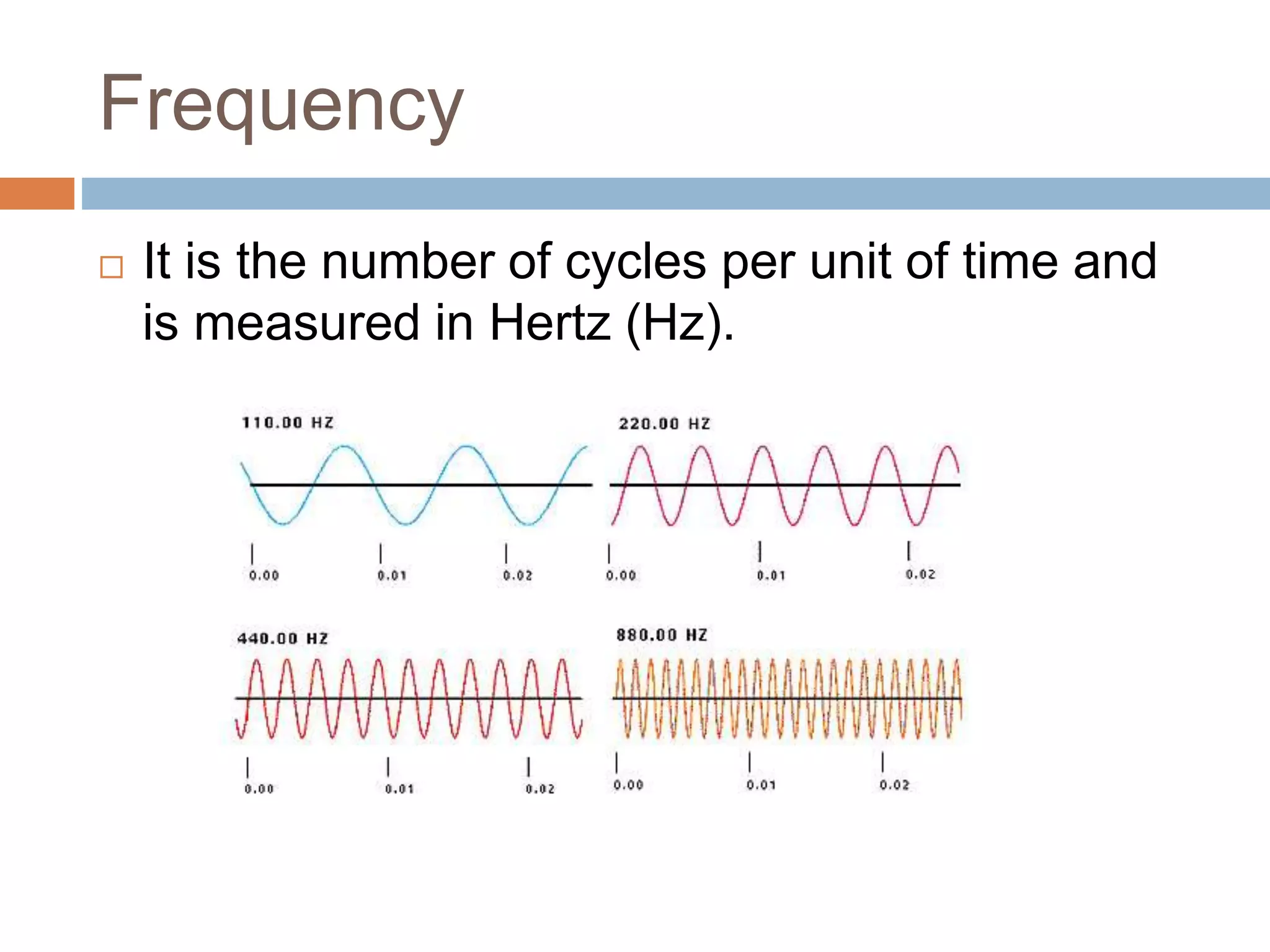 Frequency
 It is the number of cycles per unit of time and
is measured in Hertz (Hz).
 