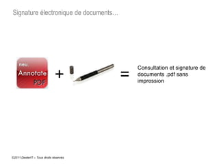 Signature électronique de documents…




                                            Consultation et signature de
                              +         =   documents .pdf sans
                                            impression




©2011 DexterIT – Tous droits réservés
 