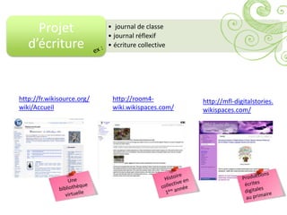Projet                 • journal de classe
                            • journal réflexif
   d’écriture               • écriture collective




http://fr.wikisource.org/    http://room4-          http://mfl-digitalstories.
wiki/Accueil                 wiki.wikispaces.com/   wikispaces.com/
 