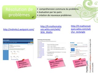 Résolution de               • compréhension commune du problème
                              • évaluation par les pairs
   problèmes                  • création de nouveaux problèmes



                                http://fr.mathematiq      http://fr.mathemati
http://mdm4u1.wetpaint.com/     ues.wikia.com/wiki/       ques.wikia.com/wik
                                Wiki_Maths                i/Le_rectangle
 