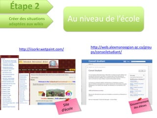 Étape 2
Créer des situations
adaptées aux wikis
                                    Au niveau de l’école


                                          http://web.alexmanoogian.qc.ca/grou
     http://iisorkr.wetpaint.com/
                                          ps/conseiletudiant/
 