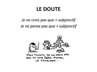 LE DOUTE
Je ne crois pas que + subjonctif
Je ne pense pas que + subjonctif