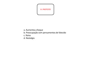 III. PROTESTO
a. Aumentou choque
b. Preocupação com pensamentos de falecido
c. Raiva
d. Nostalgia
 