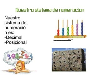 Nuestro sistema de numeracion
Nuestro
sistema de
numeració
n es:
-Decimal
-Posicional