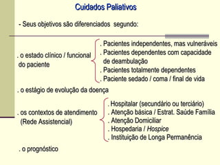 - Seus objetivos são diferenciados segundo:- Seus objetivos são diferenciados segundo:
.. Hospitalar (secundário ou terciário)Hospitalar (secundário ou terciário)
. Atenção básica / Estrat. Saúde Família. Atenção básica / Estrat. Saúde Família
. Atenção Domiciliar. Atenção Domiciliar
. Hospedaria /. Hospedaria / HospiceHospice
. Instituição de Longa Permanência. Instituição de Longa Permanência
. o estágio de evolução da doença. o estágio de evolução da doença
. o estado clínico / funcional. o estado clínico / funcional
do pacientedo paciente
. o prognóstico. o prognóstico
. os contextos de atendimento. os contextos de atendimento
(Rede Assistencial)(Rede Assistencial)
. Pacientes independentes, mas vulneráveis. Pacientes independentes, mas vulneráveis
. Pacientes dependentes com capacidade. Pacientes dependentes com capacidade
de deambulaçãode deambulação
. Pacientes totalmente dependentes. Pacientes totalmente dependentes
. Paciente sedado / coma / final de vida. Paciente sedado / coma / final de vida
Cuidados PaliativosCuidados Paliativos
 