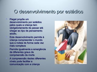 O desenvolvimento por estádiosO desenvolvimento por estádios
 Piaget propõe umPiaget propõe um
desenvolvimento por estádiosdesenvolvimento por estádios
pelos quais a criança tempelos quais a criança tem
obrigatoriamente de passar atéobrigatoriamente de passar até
chegar ao tipo de pensamentochegar ao tipo de pensamento
adulto.adulto.
 Este desenvolvimento permite àEste desenvolvimento permite à
criança compreender o mundocriança compreender o mundo
que a rodeia de forma cada vezque a rodeia de forma cada vez
mais complexamais complexa
 Permite igualmente a emergênciaPermite igualmente a emergência
de diferentes graus dede diferentes graus de
compreensão da mortecompreensão da morte
 A compreensão destes diferentesA compreensão destes diferentes
níveis pode facilitar aníveis pode facilitar a
comunicação com a criançacomunicação com a criança
 