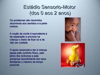 Estádio Sensorio-MotorEstádio Sensorio-Motor
(dos 0 aos 2 anos)(dos 0 aos 2 anos)
Os problemas são resolvidosOs problemas são resolvidos
recorrendo aos sentidos e à parterecorrendo aos sentidos e à parte
motora.motora.
A noção de morte é equivalente àA noção de morte é equivalente à
da separação e provoca nada separação e provoca na
criança o medo de ficar só e decriança o medo de ficar só e de
não ser cuidadanão ser cuidada
O apoio essencial a dar à criançaO apoio essencial a dar à criança
passa pelo conforto físico, pelopassa pelo conforto físico, pelo
alívio dos sintomas e pelaalívio dos sintomas e pela
presença reconfortante dos seuspresença reconfortante dos seus
familiares o máximo de tempofamiliares o máximo de tempo
possível.possível.
 