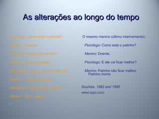 As alterações ao longo do tempoAs alterações ao longo do tempo
Psicólogo: Como está o patinho?
Menino: Doente.
Psicólogo: Para onde vai ele?
Menino: Para o hospital.
Psicólogo: O que é que vão fazer lá?
Menino: Vão pô-lo melhor.
Psicólogo: E ele vai ficar melhor?
Menino: Sim. melhor.

O mesmo menino (último internamento):
Psicólogo: Como está o patinho?
Menino: Doente.
Psicólogo: E ele vai ficar melhor?
Menino: Patinho não ficar melhor.
Patinho morre
Sourkes, 1982 and 1995
www.ippc.comwww.ippc.com
 