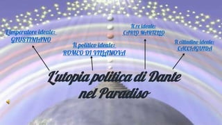 L'utopia politica di Dante
nel Paradiso
L’imperatore ideale:
GIUSTINIANO
Il re ideale:
CARLO MARTELLO
Il politico ideale:
ROMEO DI VILLANOVA
Il cittadino ideale:
CACCIAGUIDA
 