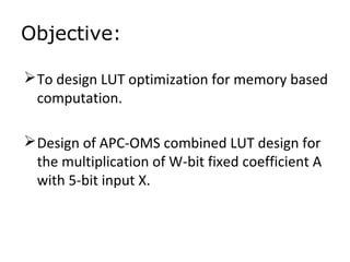 Objective:
To design LUT optimization for memory based
computation.
Design of APC-OMS combined LUT design for
the multip...