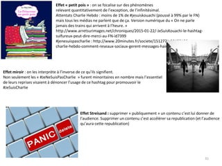 31
Effet « petit pois » : on se focalise sur des phénomènes 
relevant quantitativement de l’exception, de l’infinitésimal.
Attentats Charlie Hebdo : moins de 1% de #jesuiskouachi (poussé à 99% par le FN) 
mais tous les médias ne parlent que de ça. Version numérique du « On ne parle 
jamais des trains qui arrivent à l’heure. » 
http://www.arretsurimages.net/chroniques/2015-01-22/-JeSuisKouachi-le-hashtag-
sulfureux-peut-dire-merci-au-FN-id7399
#jenesuispascharlie : http://www.20minutes.fr/societe/1512771-20150108-attaque-
charlie-hebdo-comment-reseaux-sociaux-gerent-messages-haineux
Effet Streisand : supprimer « publiquement » un contenu c’est lui donner de 
l’audience. Supprimer un contenu c’est accélérer sa republication (et l’audience 
qu’aura cette republication)
Effet miroir : on les interprète à l’inverse de ce qu’ils signifient. 
Non seulement les « #JeNeSuisPasCharlie  » furent minoritaires en nombre mais l’essentiel 
de leurs reprises visaient à dénoncer l’usage de ce hashtag pour promouvoir le 
#JeSuisCharlie
 