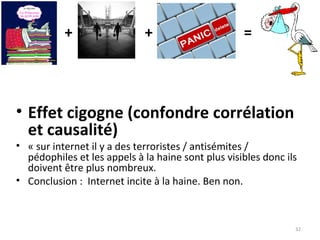 32
• Effet cigogne (confondre corrélation
et causalité)
• « sur internet il y a des terroristes / antisémites / 
pédophiles et les appels à la haine sont plus visibles donc ils 
doivent être plus nombreux.
• Conclusion :  Internet incite à la haine. Ben non.
+ + =
 