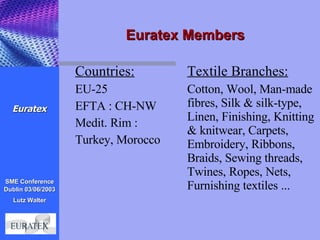 Euratex Members Countries: EU-25 EFTA : CH-NW Medit. Rim :  Turkey, Morocco Textile Branches: Cotton, Wool, Man-made fibres, Silk & silk-type, Linen, Finishing, Knitting & knitwear, Carpets,  Embroidery, Ribbons, Braids, Sewing threads, Twines, Ropes, Nets, Furnishing textiles ...  Euratex 