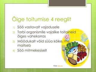 Õigetoitumise 4 reeglitSöövastavaltvajaduseleTarbiorganismilevajaliketoitaineidõigesvahekorrasMõõdukaltvõidsüüakõike, mismaitsebSöömitmekesiseltViide: kliki siia 