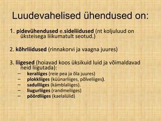 Luudevahelised ühendused on:
1. pidevühendused e.sideliidused (nt koljuluud on
üksteisega liikumatult seotud.)
2. kõhrliidused (rinnakorvi ja vaagna juures)
3. liigesed (hoiavad koos üksikuid luid ja võimaldavad
neid liigutada):
– keraliiges (reie pea ja õla juures)
– plokkliiges (küünarliiges, põlveliiges).
– sadulliiges (kämblaliiges).
– liugurliiges (randmeliiges)
– pöördliiges (kaelalülid)
 