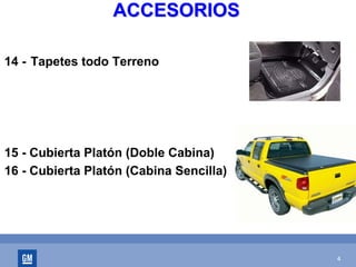 4
ACCESORIOSACCESORIOS
14 - Tapetes todo Terreno
15 - Cubierta Platón (Doble Cabina)
16 - Cubierta Platón (Cabina Sencilla)
 