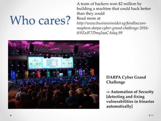 Who cares?
11
A team of hackers won $2 million by
building a machine that could hack better
than they could
Read more at
http://www.businessinsider.sg/forallsecure-
mayhem-darpa-cyber-grand-challenge-2016-
8/#ZuIF7Dmq3aaCAdaq.99
DARPA Cyber Grand
Challenge
-> Automation of Security
[detecting and fixing
vulnerabilities in binaries
automatically]
 