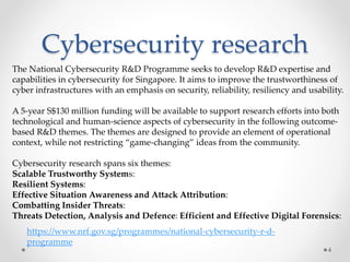 Cybersecurity research
4
The National Cybersecurity R&D Programme seeks to develop R&D expertise and
capabilities in cybersecurity for Singapore. It aims to improve the trustworthiness of
cyber infrastructures with an emphasis on security, reliability, resiliency and usability.
A 5-year S$130 million funding will be available to support research efforts into both
technological and human-science aspects of cybersecurity in the following outcome-
based R&D themes. The themes are designed to provide an element of operational
context, while not restricting “game-changing” ideas from the community.
Cybersecurity research spans six themes:
Scalable Trustworthy Systems:
Resilient Systems:
Effective Situation Awareness and Attack Attribution:
Combatting Insider Threats:
Threats Detection, Analysis and Defence: Efficient and Effective Digital Forensics:
https://www.nrf.gov.sg/programmes/national-cybersecurity-r-d-
programme
 