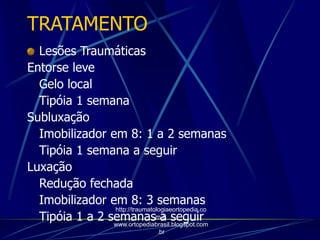 TRATAMENTO
Lesões Traumáticas
Entorse leve
Gelo local
Tipóia 1 semana
Subluxação
Imobilizador em 8: 1 a 2 semanas
Tipóia 1 semana a seguir
Luxação
Redução fechada
Imobilizador em 8: 3 semanas
Tipóia 1 a 2 semanas a seguir
http://traumatologiaeortopedia.co
m &
www.ortopediabrasil.blogspot.com
.br
 