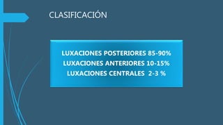 CLASIFICACIÓN

LUXACIONES POSTERIORES 85-90%
LUXACIONES ANTERIORES 10-15%
LUXACIONES CENTRALES 2-3 %
 