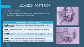 LUXACIÓN POSTERIOR
 Las más frecuentes
 Se clasifican según 1)la relación de la cabeza del fémur con el
acetábulo 2) la existencia o no de una fx.
Clasificación de Thompson y Epstein
Tipo I : Luxación simple con o sin un fragmento insignificante de la
pared posterior
Tipo II : Luxación asociada a un único gran fragmento de la pared
posterior
Tipo III : Luxación con un fragmento conminuto de la pared posterior.
Tipo IV: Luxación simple con una fx del suelo del acetábulo
Tipo V: Luxación con una fx de la cabeza del fémur (pipkin)
 