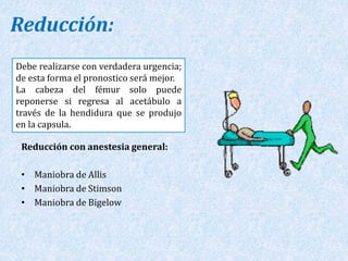 Reducción: 
Debe realizarse con verdadera urgencia; 
de esta forma el pronostico será mejor. 
La cabeza del fémur solo puede 
reponerse si regresa al acetábulo a 
través de la hendidura que se produjo 
en la capsula. 
Reducción con anestesia general: 
• Maniobra de Allis 
• Maniobra de Stimson 
• Maniobra de Bigelow 
 