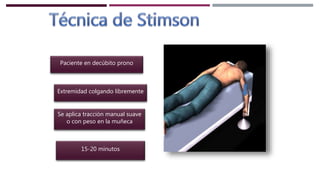 Paciente en decúbito prono
Extremidad colgando libremente
Se aplica tracción manual suave
o con peso en la muñeca
15-20 minutos
 