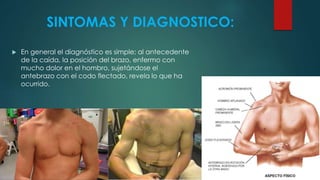 SINTOMAS Y DIAGNOSTICO:
 En general el diagnóstico es simple; al antecedente
de la caída, la posición del brazo, enfermo con
mucho dolor en el hombro, sujetándose el
antebrazo con el codo flectado, revela lo que ha
ocurrido.
 