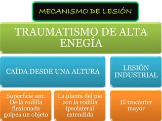 3 
MECANISMO DE LESIÓN 
TRAUMATISMO DE ALTA 
ENEGÍA 
CAÍDA DESDE UNA ALTURA 
Superficie ant. 
De la rodilla 
flexionada 
golpea un objeto 
La planta del pie 
con la rodilla 
ipsolateral 
extendida 
LESIÓN 
INDUSTRIAL 
El trocánter 
mayor 
 