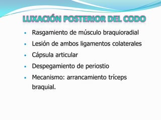    Rasgamiento de músculo braquioradial
   Lesión de ambos ligamentos colaterales
   Cápsula articular
   Despegamiento de periostio
   Mecanismo: arrancamiento tríceps
    braquial.
 