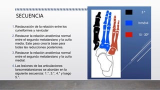 SECUENCIA
1.Restauración de la relación entre los
cuneiformes y navicular
2.Restaurar la relación anatómica normal
entre el segundo metatarsiano y la cuña
media. Este paso crea la base para
todas las reducciones posteriores.
3.Restaurar la relación anatómica normal
entre el segundo metatarsiano y la cuña
medial.
4.Las lesiones de las articulaciones
tarsometatarsianas se abordan en la
siguiente secuencia: 1.°, 3.°, 4.° y luego
5.°.
 