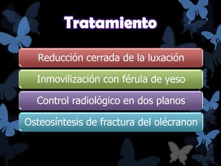 Reducción cerrada de la luxación

Inmovilización con férula de yeso
Control radiológico en dos planos
Osteosíntesis de fractura del olécranon

 