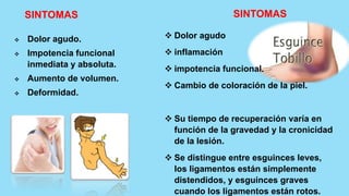  Dolor agudo
 inflamación
 impotencia funcional.
 Cambio de coloración de la piel.
 Su tiempo de recuperación varía en
función de la gravedad y la cronicidad
de la lesión.
 Se distingue entre esguinces leves,
los ligamentos están simplemente
distendidos, y esguinces graves
cuando los ligamentos están rotos.
 Dolor agudo.
 Impotencia funcional
inmediata y absoluta.
 Aumento de volumen.
 Deformidad.
SINTOMAS SINTOMAS
 