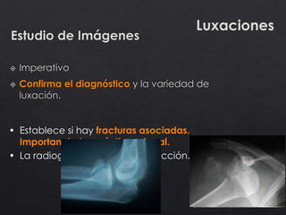 Luxaciones
• Establece si hay fracturas asociadas.
Importancia terapéutica y legal.
• La radiografía simple es de elección.
 