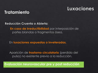 Luxaciones
Tratamiento
Evaluación neurovascular pre y post reducción
 