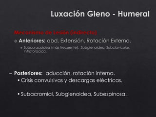 Luxación Gleno - Humeral
– Posteriores: aducción, rotación interna.
•Crisis convulsivas y descargas eléctricas.
•Subacromial, Subglenoidea, Subespinosa.
 