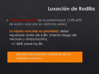 Luxación de Rodilla
La injuria vascular es prioridad; debe
repararse antes de 6-8h. (menor riesgo de
necrosis y amputación).
+/- 86% sobre las 8h.
Escasa circulación colateral de la
arteria poplítea.
 