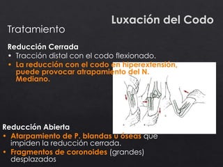 Luxación del Codo
Reducción Cerrada
• Tracción distal con el codo flexionado.
• La reducción con el codo en hiperextensión,
puede provocar atrapamiento del N.
Mediano.
Reducción Abierta
• Atarpamiento de P. blandas u óseas que
impiden la reducción cerrada.
• Fragmentos de coronoides (grandes)
desplazados
Tratamiento
 