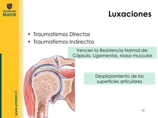Traumatismos Directos Traumatismos Indirectos Luxaciones Vencen la Resistencia Normal de: Cápsula, Ligamentos, Masa muscular Desplazamiento de las superficies articulares 