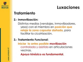 2.- Inmovilización: Distintos medios (vendajes, inmovilizadores, yeso) con el miembro en  posición que relaje la zona capsular dañada , para facilitar la cicatrización. Luxaciones 3.- Tratamiento Funcional: Iniciar  lo antes posible  movilización  controlada y asistida  en articulaciones vecinas.  Apoyo kinésico es fundamental. Tratamiento 