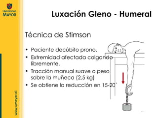 Luxación Gleno - Humeral Técnica de Stimson Paciente decúbito prono. Extremidad afectada colgando libremente. Tracción manual suave o peso sobre la muñeca (2,5 kg) Se obtiene la reducción en 15-20´ 