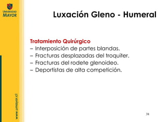 Tratamiento Quirúrgico Interposición de partes blandas. Fracturas desplazadas del troquiter. Fracturas del rodete glenoideo. Deportistas de alta competición. Luxación Gleno - Humeral 