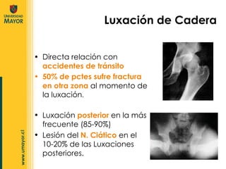 Directa relación con  accidentes de tránsito 50% de pctes sufre fractura en otra zona  al momento de la luxación . Luxación de Cadera Luxación  posterior  en la más frecuente (85-90%) Lesión del  N. Ciático  en el 10-20% de las Luxaciones posteriores. 
