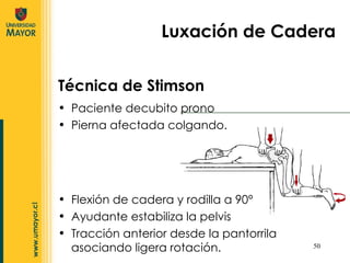 Técnica de Stimson Luxación de Cadera Paciente decubito prono Pierna afectada colgando. Flexión de cadera y rodilla a 90° Ayudante estabiliza la pelvis Tracción anterior desde la pantorrila asociando ligera rotación. 