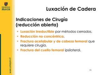 Luxación irreductible  por métodos cerrados. Reducción no concéntrica . Fractura acetabular y de cabeza femoral  que requiere cirugía. Fractura del cuello femoral  ipsilateral. Luxación de Cadera Indicaciones de Cirugía (reducción abierta) 