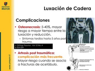 Osteonecrosis:  5-40%, mayor riesgo a mayor tiempo entre la luxación y reducción. Síntomas tardíos hasta 5 años post trauma. Luxación de Cadera Complicaciones J. Orthop Trauma . Vol 12 No. 4 p.223-229 Artrosis post traumática:  complicación más frecuente .  Mayor riesgo cuando se asocia a fracturas de acetábulo. 