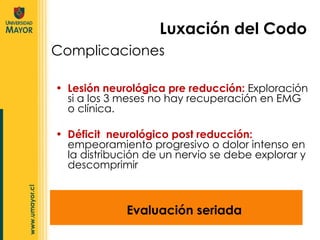 Lesión neurológica pre reducción:  Exploración si a los 3 meses no hay recuperación en EMG o clínica. Déficit  neurológico post reducción:  empeoramiento progresivo o dolor intenso en la distribución de un nervio se debe explorar y descomprimir Complicaciones Luxación del Codo Evaluación seriada 