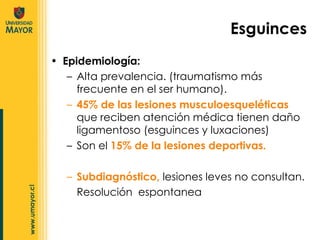 Epidemiología: Alta prevalencia. (traumatismo más frecuente en el ser humano). 45% de las lesiones musculoesqueléticas  que reciben atención médica tienen daño ligamentoso (esguinces y luxaciones)  Son el  15% de la lesiones deportivas. Subdiagnóstico,  lesiones leves no consultan.  Resolución  espontanea Esguinces 